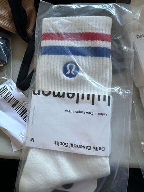lululemon athletica White Crew Socks with Red & Blue Stripes